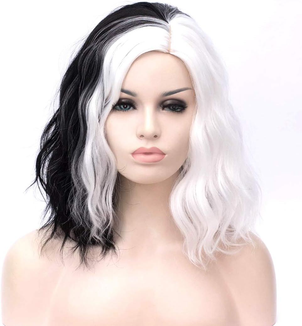 TANTAKO Black and White Cosplay, Half Black and Half White Wig with 1920s Red Gloves and Holder/Pearl Necklace(A) - Image 4