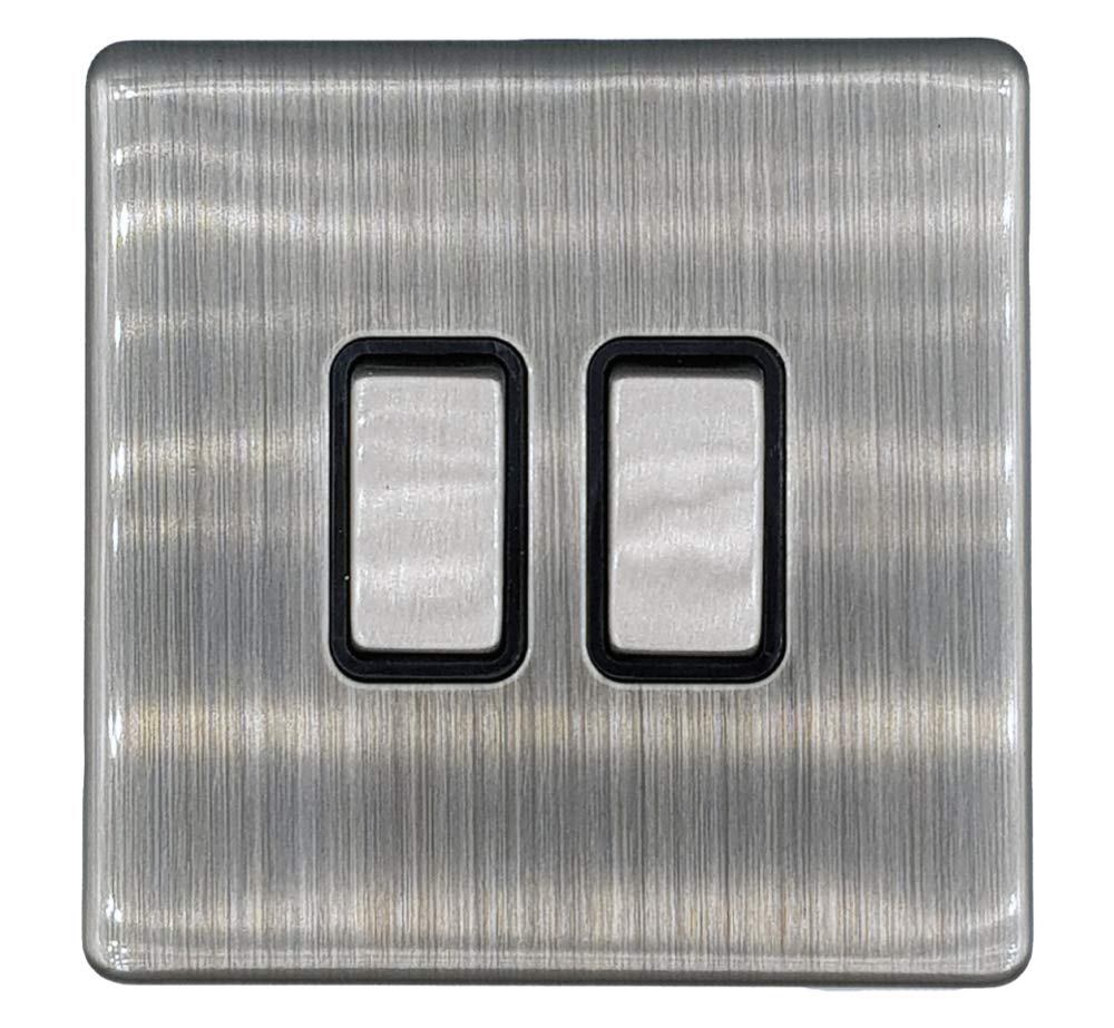 Klite Double Light Switch 2 Gang Flat Screwless Brushed Chrome Black Insert – Metal Rocker Switches – 10A 2 Gang 2 Way Switch