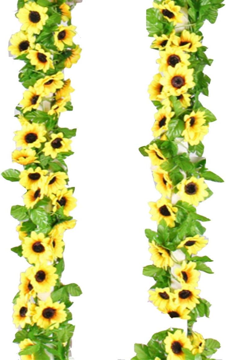 Yaoijin 2 Pack 16.4 Feet Artificial Fake Sunflower Garland Plants in Yellow(Each 8.2' Long with 12 Vine) for Hanging Wedding Garland Fake Foliage Flowers Home Kitchen Garden Office Wedding Wall Decor