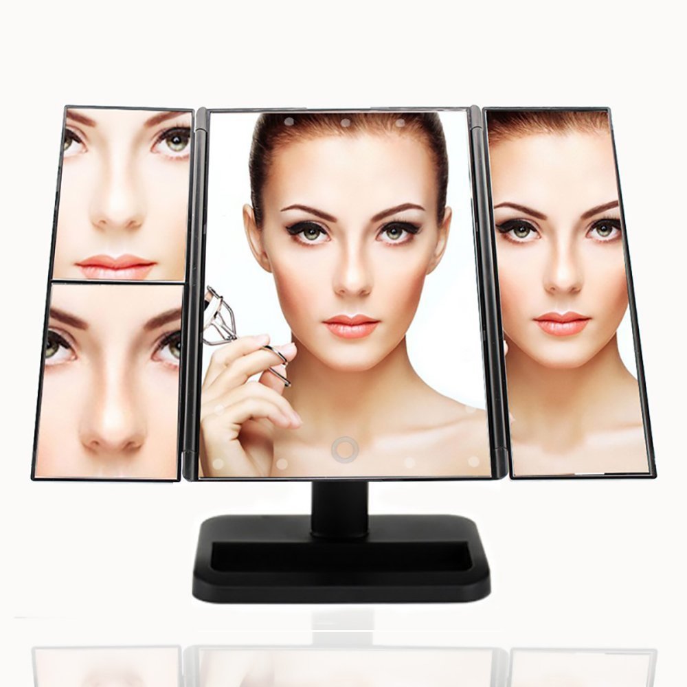 vinmax Tri-Fold Lighted Vanity Makeup Mirror,Portable Table LED Lamp Luminous Makeup Mirror Adjustable Tabletop Countertop Light Mirror(Black)