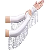 CASDRE Long Fingerless Satin Gloves Sequin Tassel 1920s Opera Gloves Elbow Length Halloween Cosplay Glove for Women and Girls