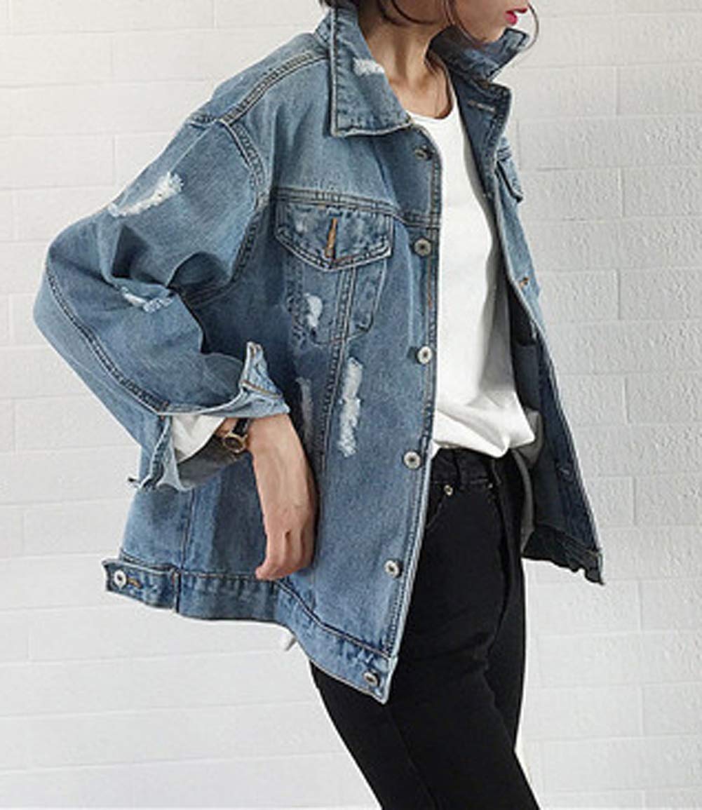 Women's Ripped Denim Trucker Jean Jacket Denim Fit