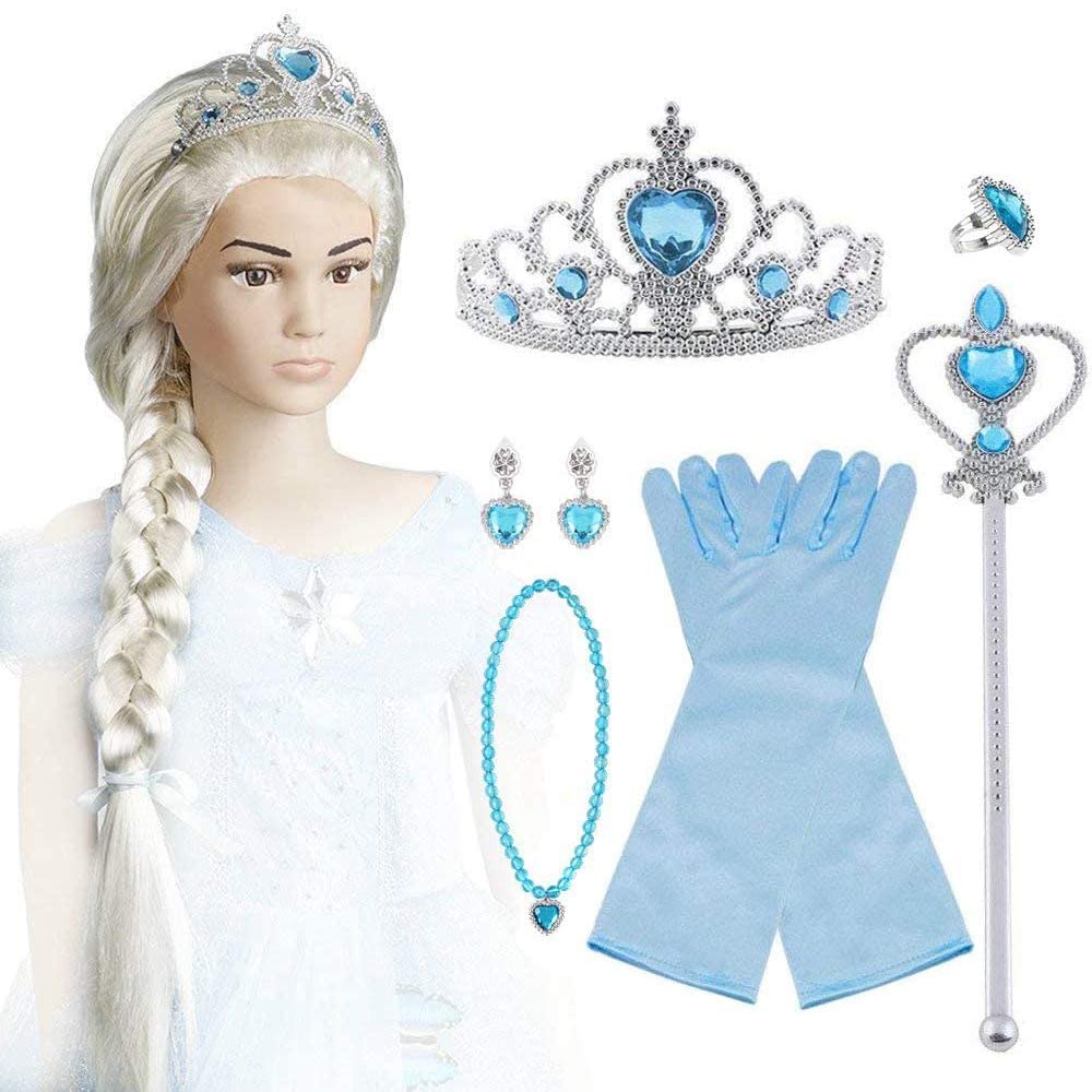 Vicloon Elsa Princess Dress Up Accessories, Crown Wand Blue Gloves Tiara Wig Necklace Ring Earrings Set of 9