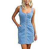 Womens Summer Casual Tank Denim Dress Sleeveless Zipper Front Mini Sexy Jean Dresses with Pockets