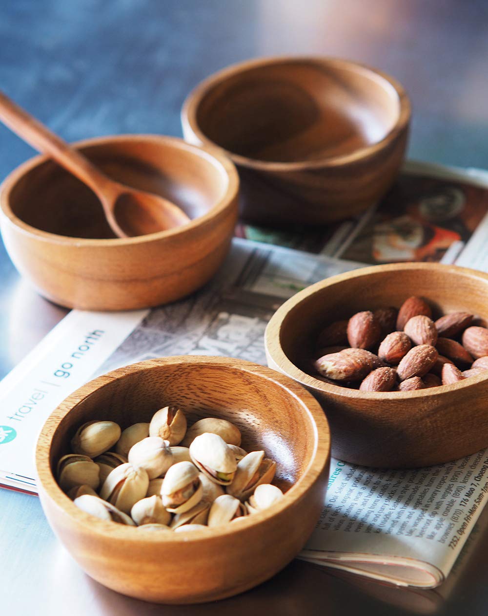 BestySuperStore Small Round Wood Bowls 4 Pcs 3¾" Diameter 1½" High Stackable Acacia Wooden Bowl Set with 4 spoons for serving salad salsa dip sauce snack cereal fruit Decor Tableware Side Dish Sets - Image 3