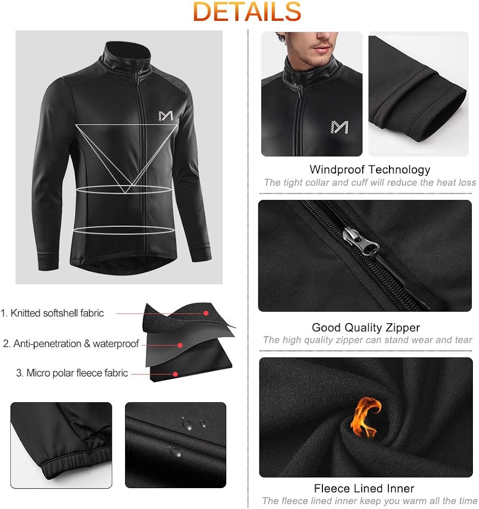 Men’s Winter Thermal Cycling Jackets, Windproof Breathable Fleece Bike Jerseys, Bicycle Softshell Shirt Long Sleeves Coat (Black, chest 44.09", Large): Clothing