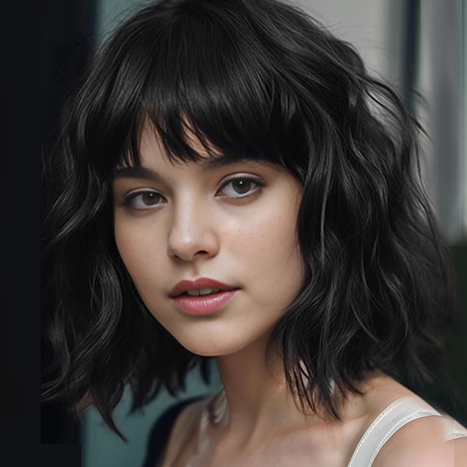 BUYOGET Wavy Bob Wig with Bangs Synthetic Hair Shoulder Length 12 Inch Short Curly Wigs for Women Natural Black โ image 1
