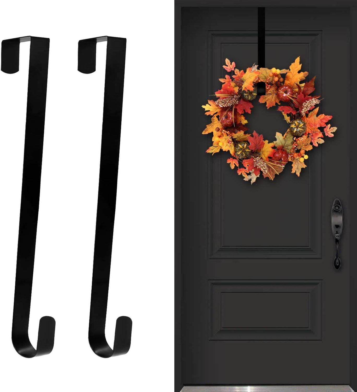 Wreath Hangers - ESFUN 2 Pack Solid Wreath Hanger for Front Door Window Wreath Hooks Holder Over The Door Metal Hook Hangers (Black, 12 inch)
