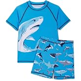 Haloumoning Toddler Baby Boys 2 Piece Swimsuits Kids Short Sleeve Rashguard and Swim Trunks UPF 50+ Bathing Suit 9M-8Y