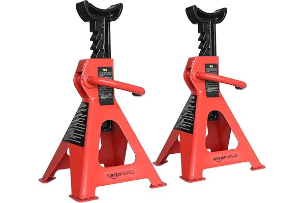Amazon Basics Steel Jack Auto Stands, 3 Ton (2.7 metric Ton) Capacity, Easy to Use, Adjustable Height, 6,000 lb, 1 Pair, Black and Red(For Sedans and Urban SUVs)