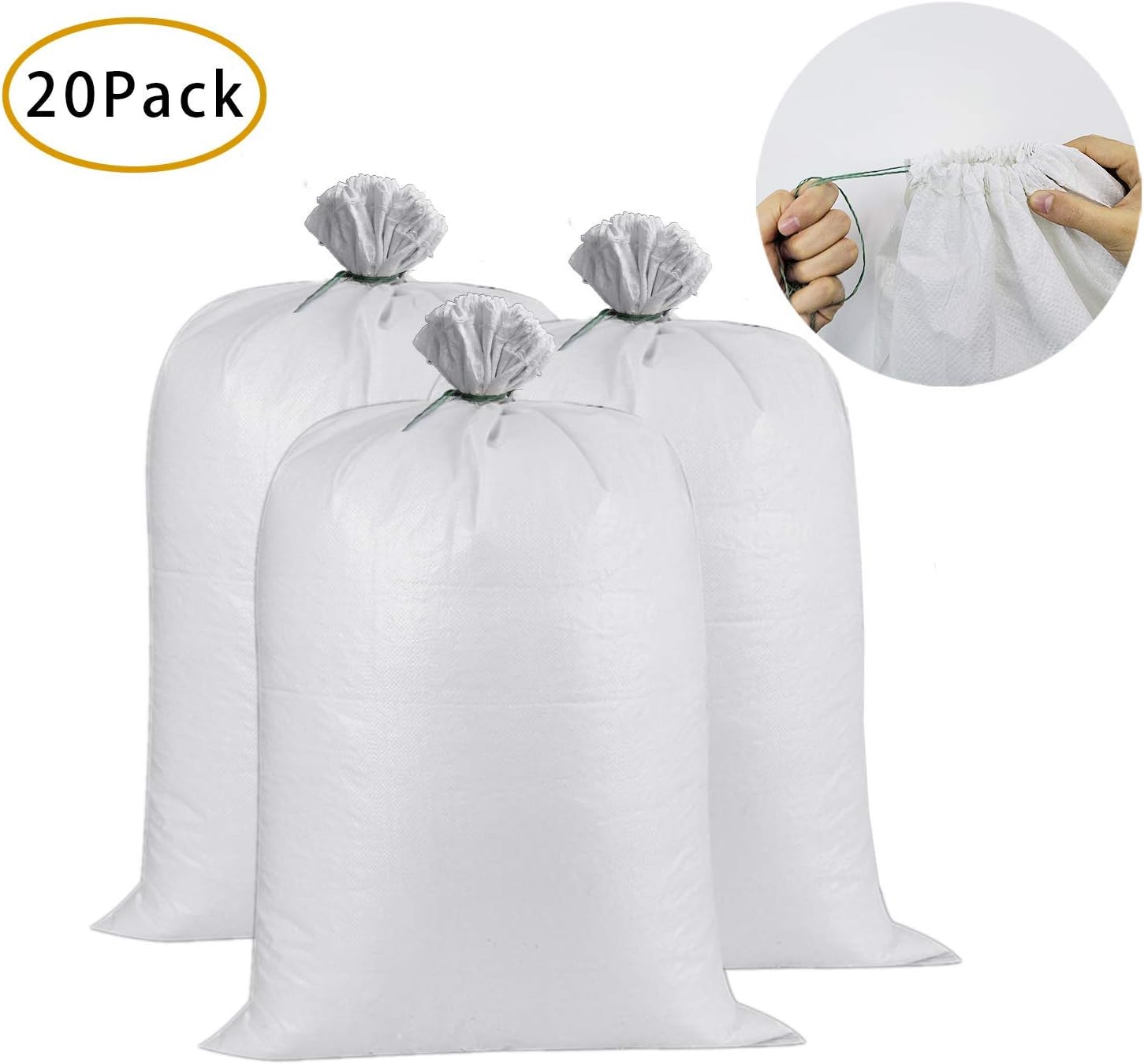 20 Pack Sand Bags, 17.5 inches x 26 inches Empty White Woven Polypropylene Sandbags with UV Coating Protection for Flood Control, Top Drawstring Design