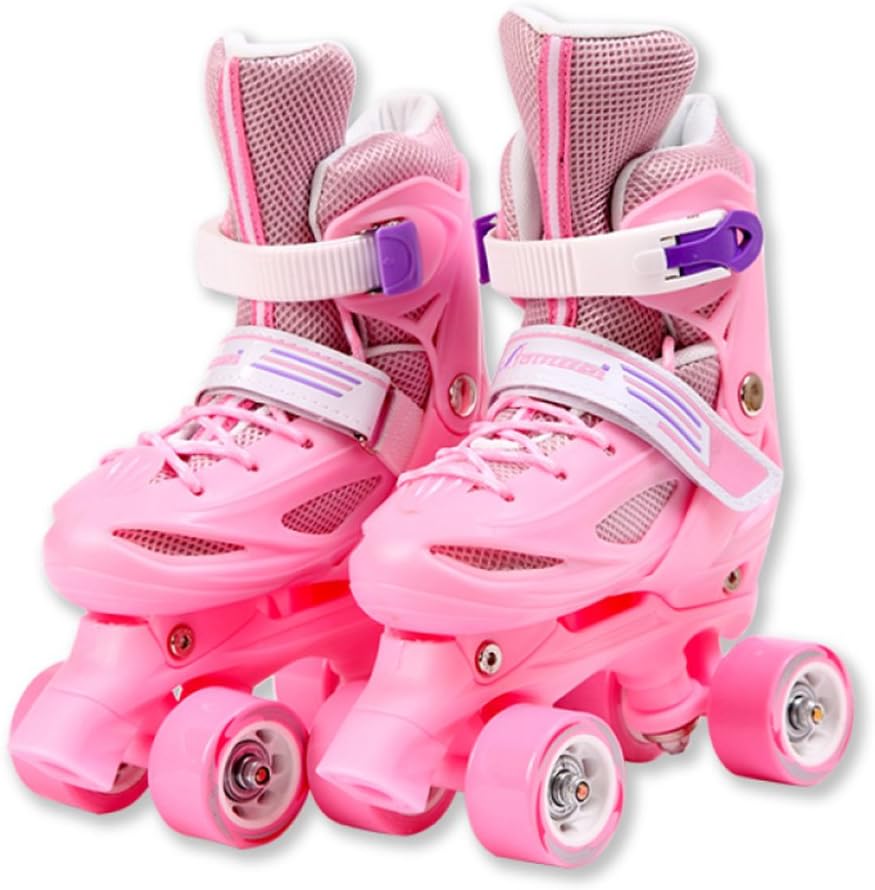 Children's Single Inline Double Row Skates Four Round Roller Skates For Men And Women 3-5-6-8-10 Years Old,Pink-XS