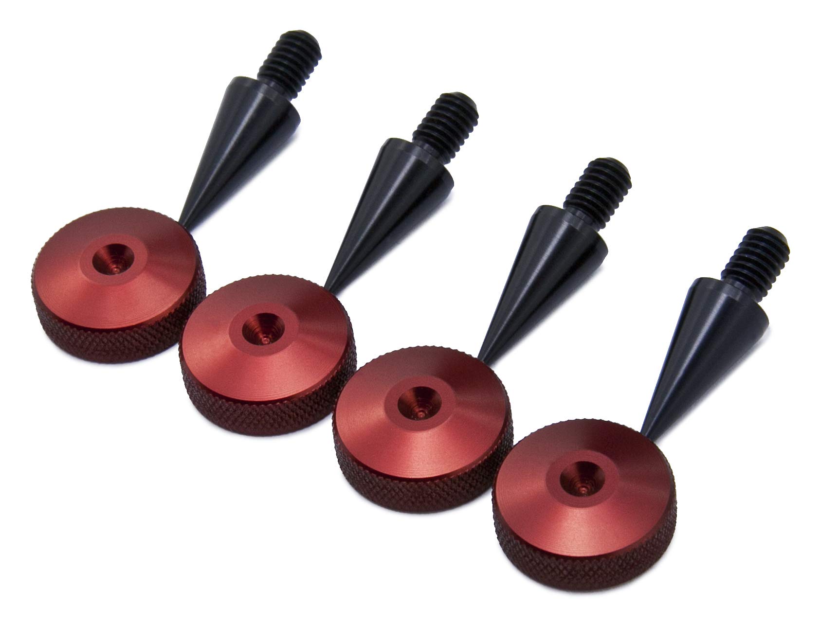 M8 Speakers Spikes and Pads for Speakers, HiFi Stands, Cabinets, Soundbars (Spikes Ø10x20mm | Pads Ø20x7mm | Alu Black/Red)