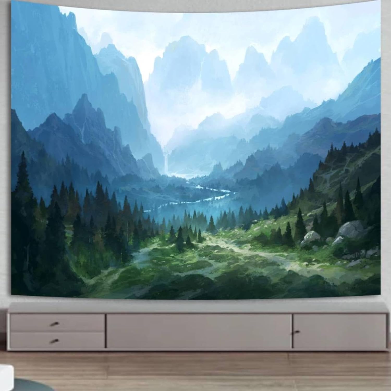 Tapestries - Apdidl Large Forest Tapestry for Bedroom Aesthetic 90'' X 71'' Foggy Mountain Tree Nature Wall Tapestry Landscape Backdrop Green Woodland Scenery Wall Hanging for Living Room Ceiling Decor