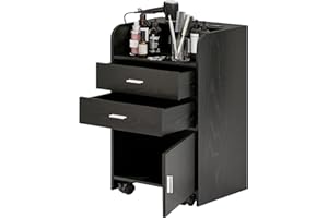 Salon Station for Hair Stylist, Black Salon Station Storage Cabinet with Wheels, Salon Table with 2 Drawers, Stylist Storage Cabinet, Rolling Beauty Station with 2 Hair Dryer Holders
