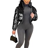 Halfword Women's Shiny Cropped Puffer Jacket Long Sleeve Solid Color Stand Neck Winter Down Coat