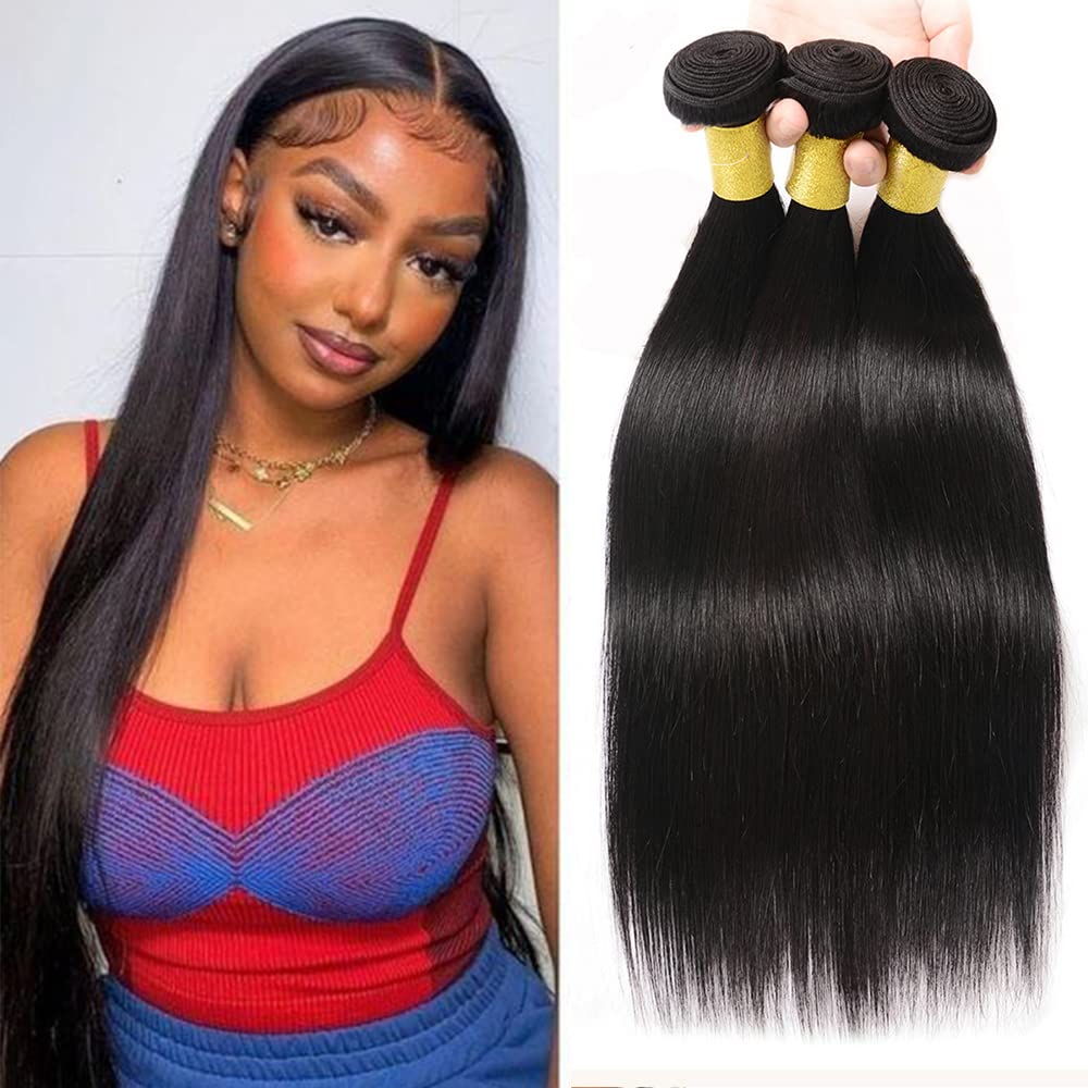 Datanala Straight Human Hair Bundles Brazilian 12A Grade Virgin 100% Unprocessed Straight Human Hair Extension for Women Straight 3 Bundles Natural Black Color(18 20 22Inch, straight bundles) โ image 1
