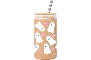 Lovearth Boho Ghost Iced Coffee Cup, 16oz Halloween Glass Cup with Lid and Straw, Ghost Daisy Coffee Tumbler, Fall Cup, Spooky Gifts, Halloween Lover Gifts, Boo Basket Stuffers for Women, Teens