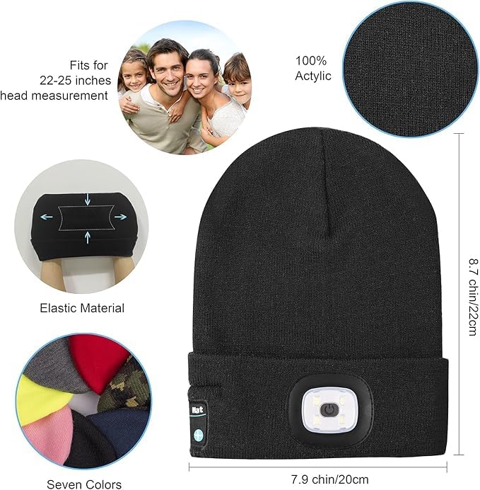Zyntrazy Bluetooth Beanie with Light, Unisex Gift for Men, Women,Wireless Headphones for Fishing Jogging Working Black