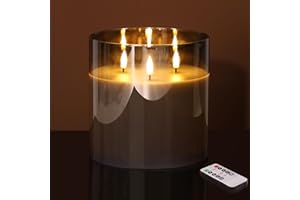 Eywamage 3 Wick Silver Grey Glass Flameless LED Candle with Remote, Flickering Large Battery Pillar Candle Decor Φ 6" H 6"