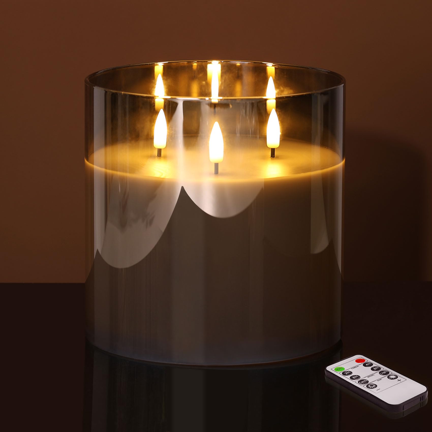 Photo 1 of Eywamage 3 Wick Silver Grey Glass Flameless LED Candle with Remote, Flickering Large Battery Pillar Candle Decor ? 6" H 6"