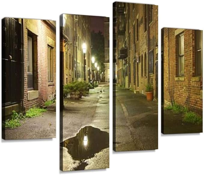 Amazon Com Igoone 4 Panels Canvas Paintings Dark Wet Alleyway Graffiti City Wall Art Modern Posters Framed Ready To Hang For Home Wall Decor Posters Prints