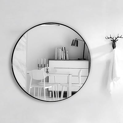 Warmiehomy Round Wall Mounted Mirror 50cm Black Aluminum Frame Bathroom