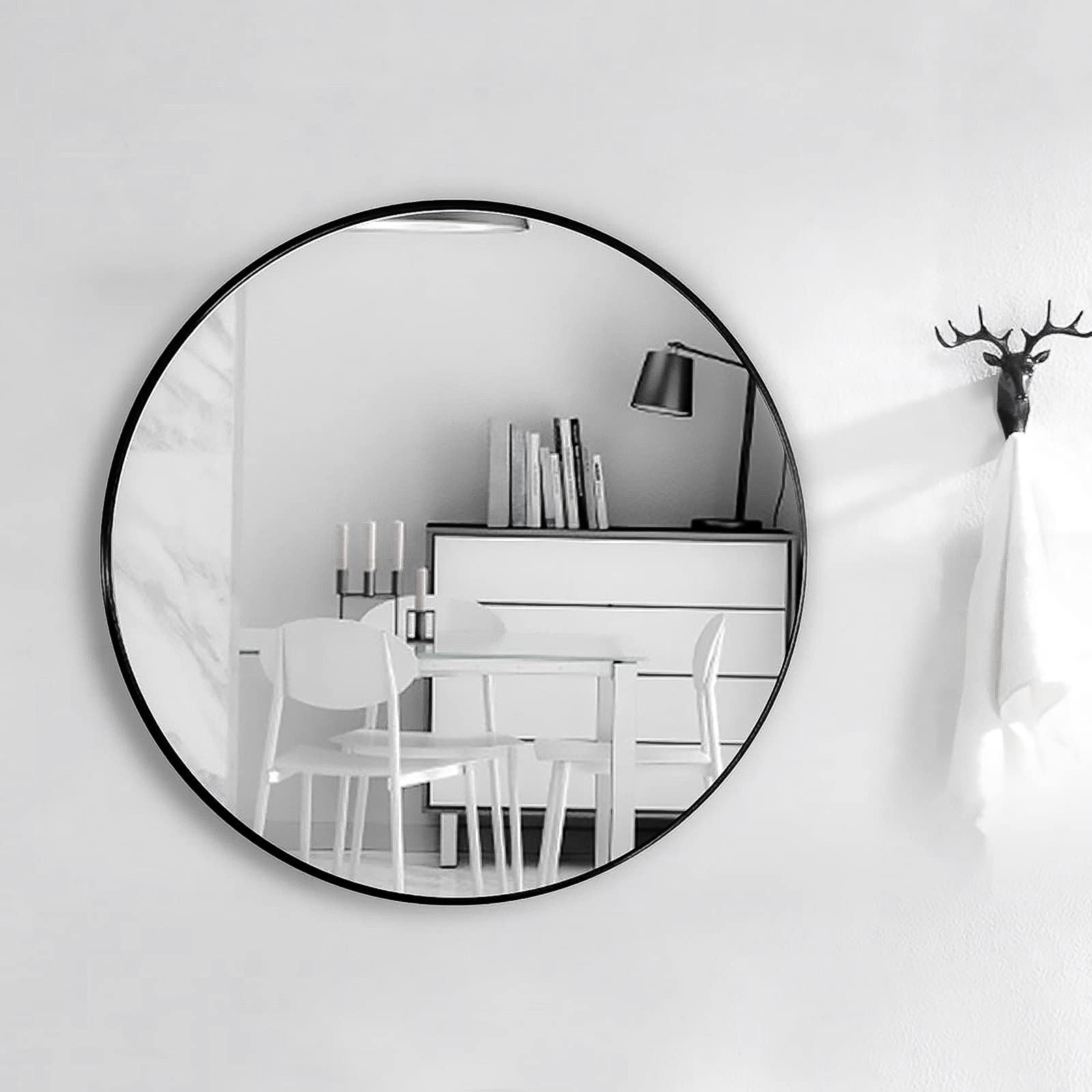 Warmiehomy Round Wall Mounted Bathroom Mirror Makeup Dressing Mirror Frame Mirror for Bathroom Living Room Bedroom (Φ50cm, Black)