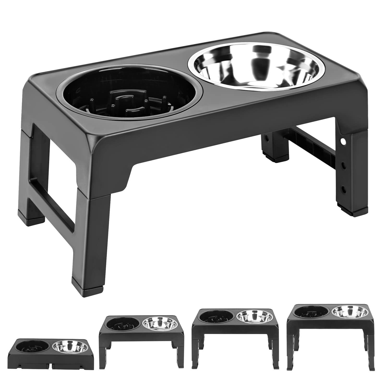 Elevated Dog Bowls, Raised Dog Bowl with Slow Feeder Dog Bowl & Stainless Steel Bowl, Comfortable, Anti-skid & Portable Dog Bowls, Easily Adjust 4 Heights for Small Medium Large Dogs, Cats