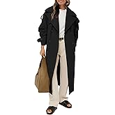 Farktop Womens Oversized Long Trench Coat Double Breasted Lapel Windproof Overcoat with Belt