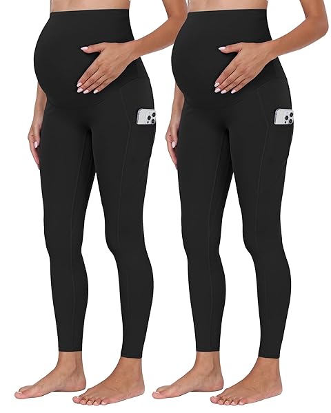 WHOUARE MATERNITY LEGGINGS OVER THE BELLY WITH POCKETS FOR WOMEN PREGNANCY HIGH WAISTED WORKOUT ACTIVEWEAR YOGA PANTS 2BLACK-XL