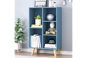 IOTXY Wooden Open Shelf Bookcase - 3-Tier Floor Standing Display Cabinet Rack with Legs, 5 Cubes Bookshelf, Bright Blue