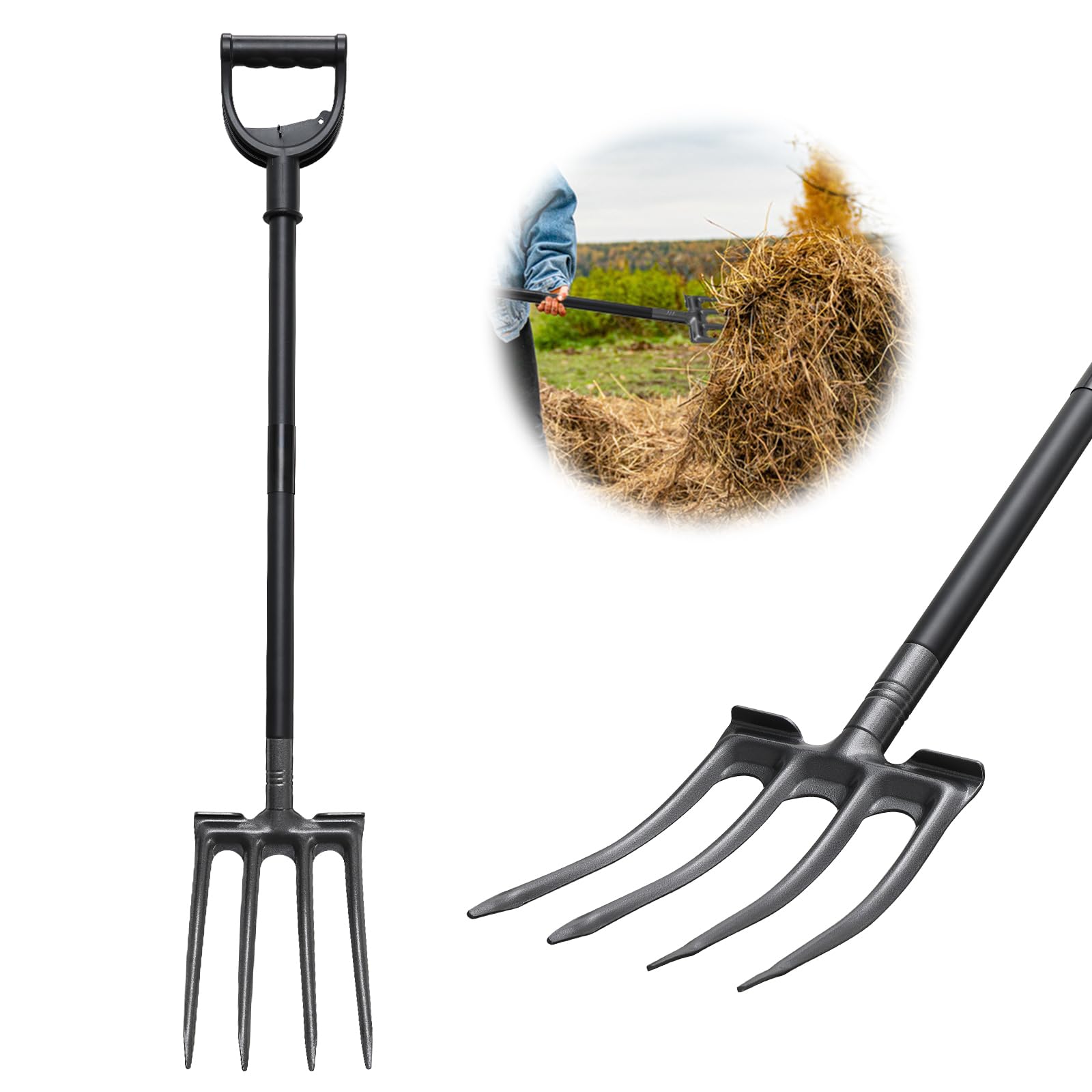 Photo 1 of Lilyvane Pitchfork, 46 Inch Long Pitchforks for Gardening Digging Composting Spading with Metal Handle, Rustproof Heavy Duty Manure Fork for Weeding, Mulch Spreading, Loosening, 4 Tines Garden Fork