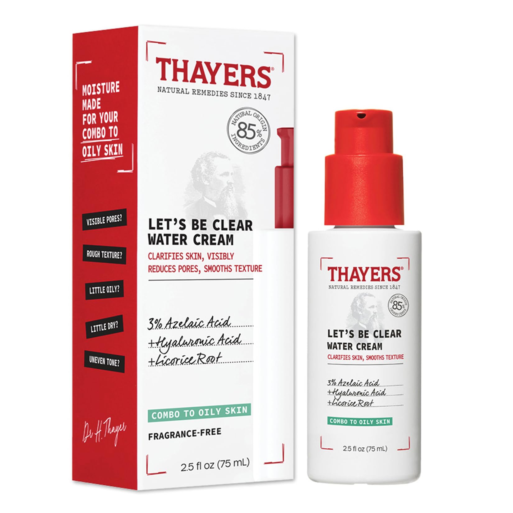 Thayers Let's Be Clear Water Face Cream - Moisturizer with Azelaic Acid and Hyaluronic Acid - Skin Care for Combination to Oily Skin, Dermatologist Tested - 75 ml