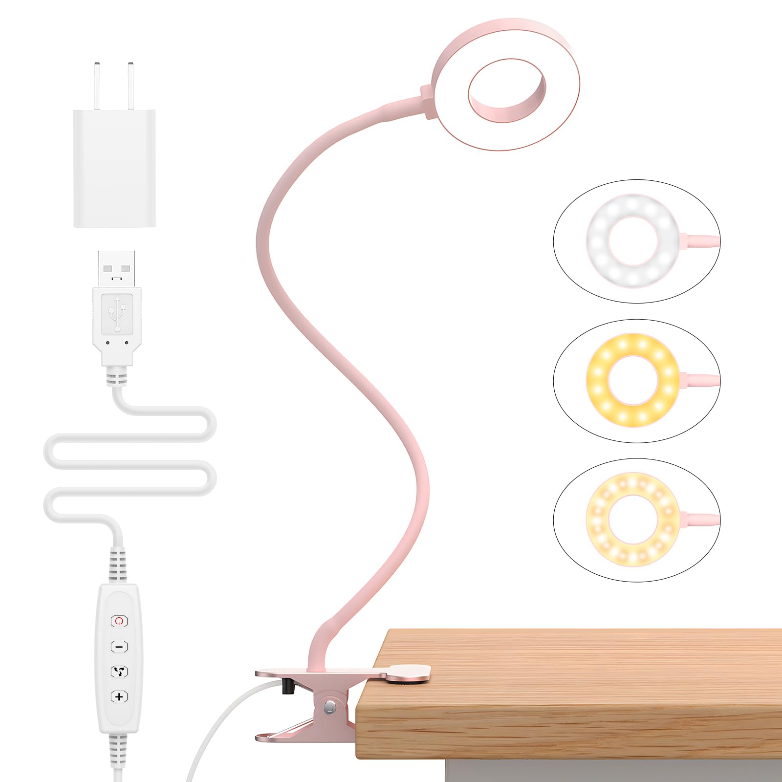 Photo 1 of iZELL Desk Lamp, LED Reading Light with Clamp, 3 Color Modes & 10 Brightness Flexible Gooseneck Book Light for Kids Reading Book in Bed at Night Clip on Table, Computer, Zoom Meetings - 27.6‘’ Pink