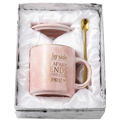 TOTWAY Long Distance Friendship Gifts for Women - Side by Side or Miles Apart Friends are Always Close at Heart - Birthday Gift for Sisters, Best Friend, Besties - 11oz Pink Marble Ceramic Coffee Mug