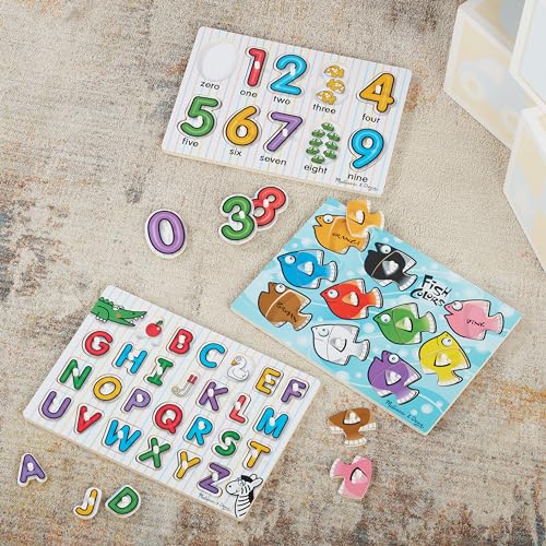 Melissa & Doug Classic Wooden Peg Puzzles (Set of 3) - Numbers, Alphabet, and Colors