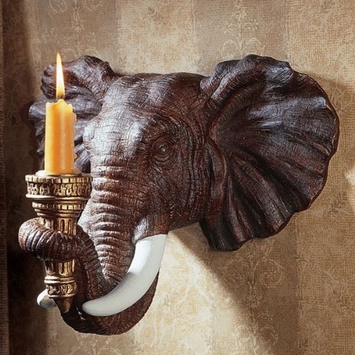 African Elephant Candle Holder Wall Mount Gargen Tusk 12" Stone Art