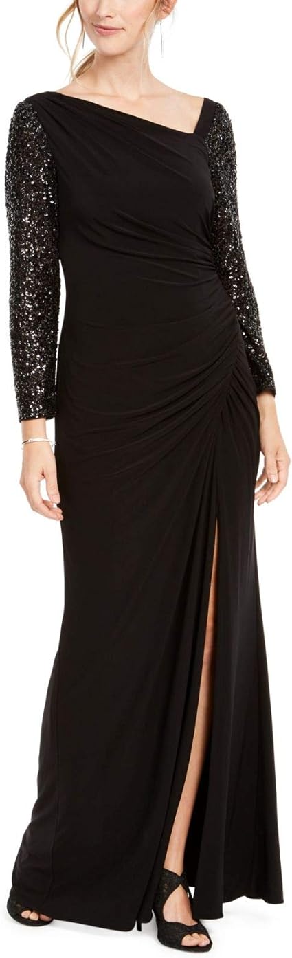Adrianna Papell Womens Black Beaded Long Sleeve Asymmetrical Neckline Maxi Fit + Flare Evening 