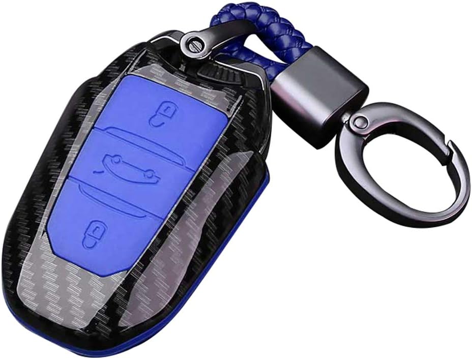 Happyit ABS Carbon Fiber Shell + Silicone Car Key Case Cover Keychain for Peugeot 301 308 408 508 2008 3085 3008 307 206 3 Buttons (Blue)