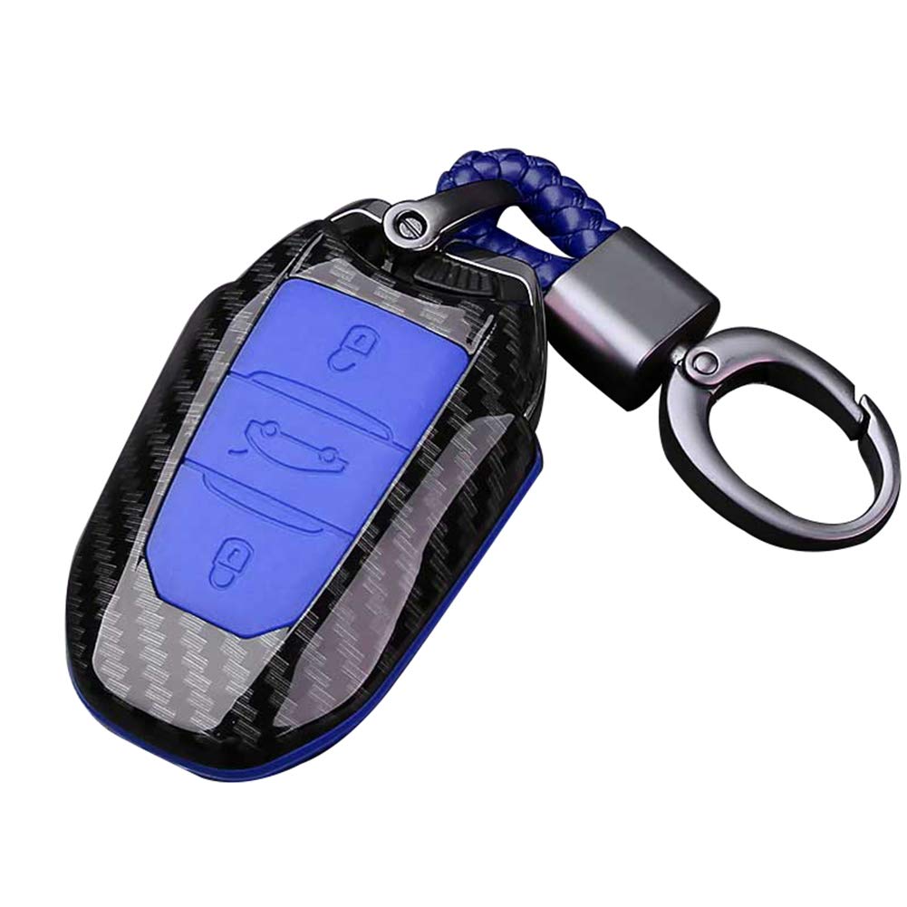 Happyit ABS Carbon Fiber Shell + Silicone Car Key Case Cover Keychain for Peugeot 301 308 408 508 2008 3085 3008 307 206 3 Buttons (Blue)