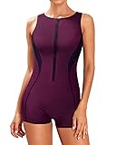 Tempt Me Women Purple One Piece Boyleg Swimsuit Zip