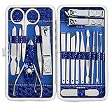 18PCS Manicure Set Professional Stainless Steel Pedicure Kit Nail Clipper Travel Scissors Grooming Kit with Leather Travel Case 18 in 1 by iWingate (Blue) (Blue)
