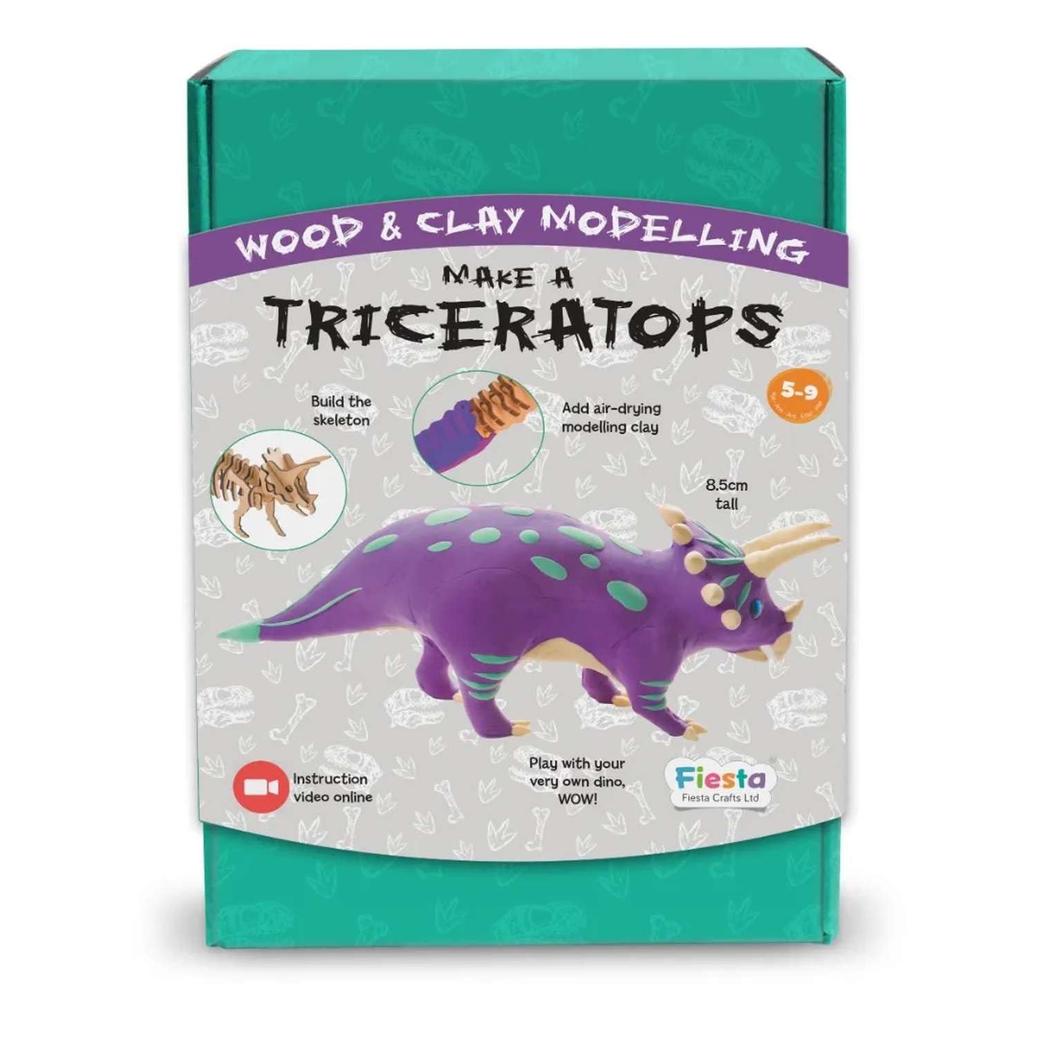 Fiesta Crafts Make a Triceratops Clay and Wood Modelling Kit for Kids - Fun Educational Learning Toy DIY Craft and Art Activity for Children to Develop Imagination and Creativity Age 5 to 9 Years