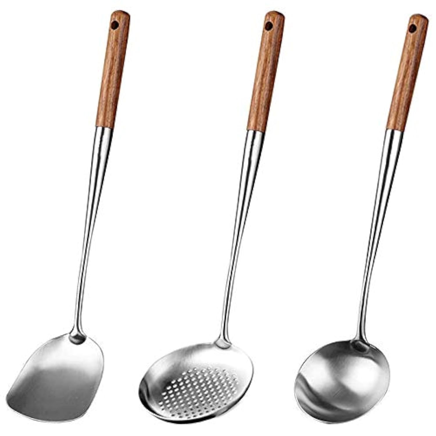 Wobekuy Wok Spatula and Ladle Set, 17 Inch Stainless Steel Skimmer Ladle Tool