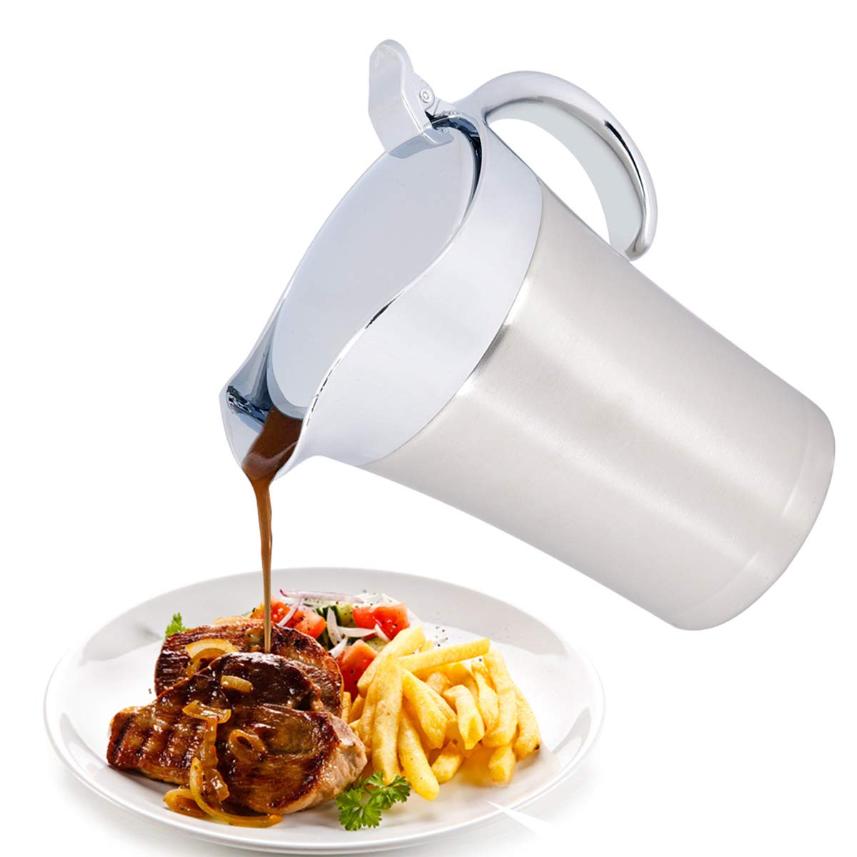 iFCOW Stainless Steel Gravy Boat Thermal Insulated Double Wall Sauce Gravy Boat Pot Serving Jug Bucket for Kitchen Supplies