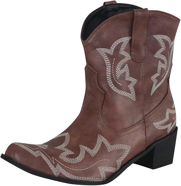 Western Cowgirl Mid Calf Boots for Women Vintage Cowboy Ankle Boot Slip