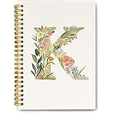 IORAFOUDUO Spring Floral Initial Letter K Journal Notebook, Cute Personalized Journaling Notebooks, Monogrammed Gifts for Women Girls School Office, Botanical Hardcover Spiral Lined Notebook 5.5 x 8.3