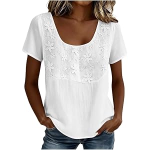 Floral Embroidered Cotton Shirts for Women U Neck Short Sleeve Tops Lightweight Gauze Tees Summer Casual Blouses