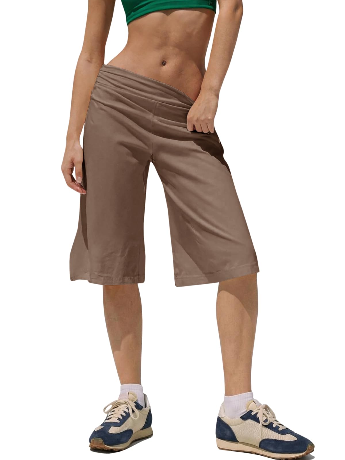 Photo 1 of (MEDIUM)( Fisoew Womens High Waisted Bermuda Long Shorts with Pocket Workout Wide Leg Loose Knee Length Shorts Cotton Short Pants 11" Coffee